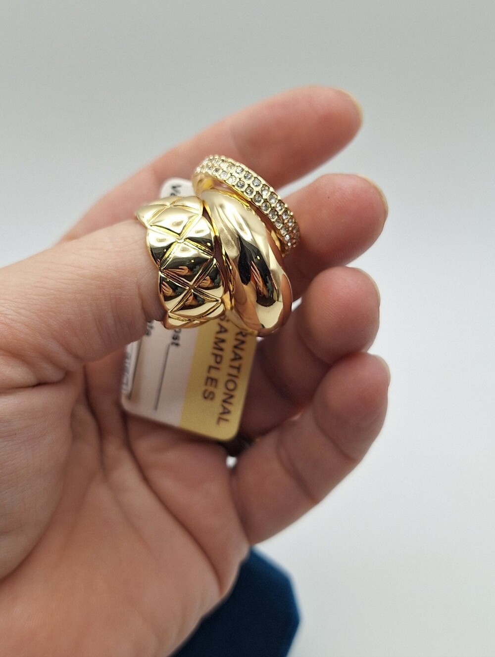 Nordstrom Size 9 Gold Tone Statement Ring Set Rhinestone Stackable 3 Pc - Picture 11 of 11